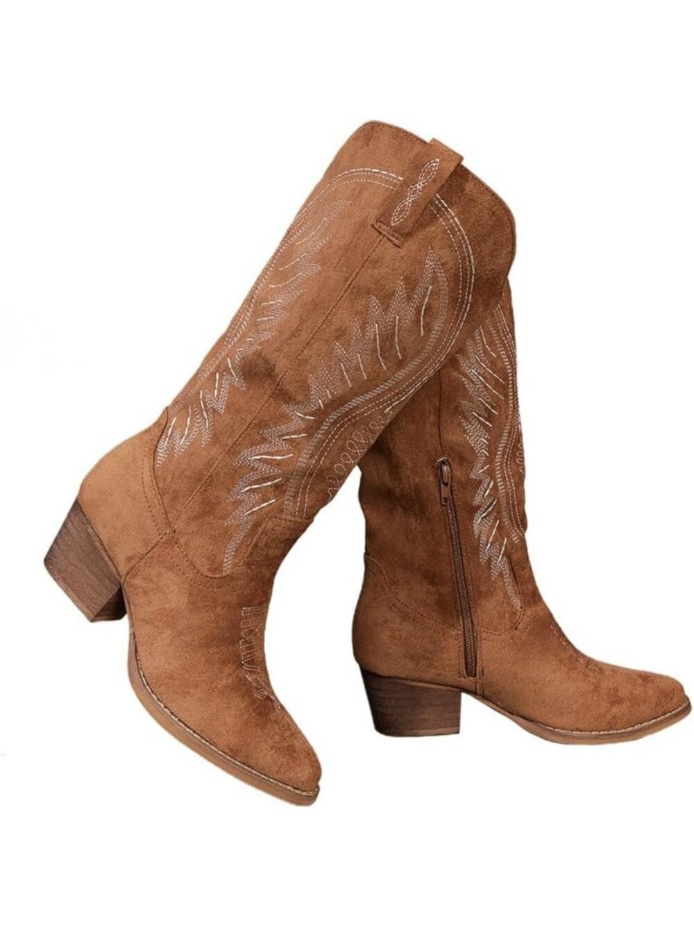 Stylish Western Cowboy Ankle Boots - Embroidered Suede Booties with Chunky Heel